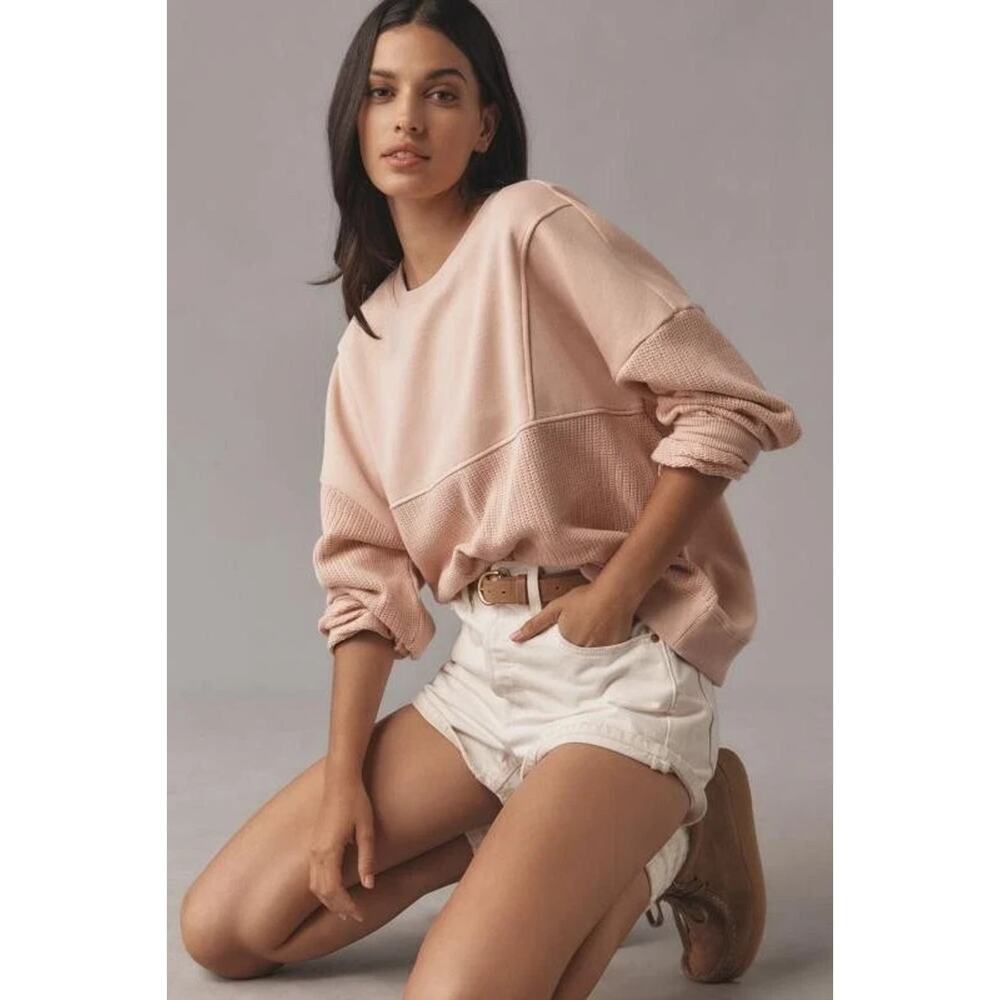 Anthropologie Pilcro Mixed Rib Sweatshirt Neutral Pink XS